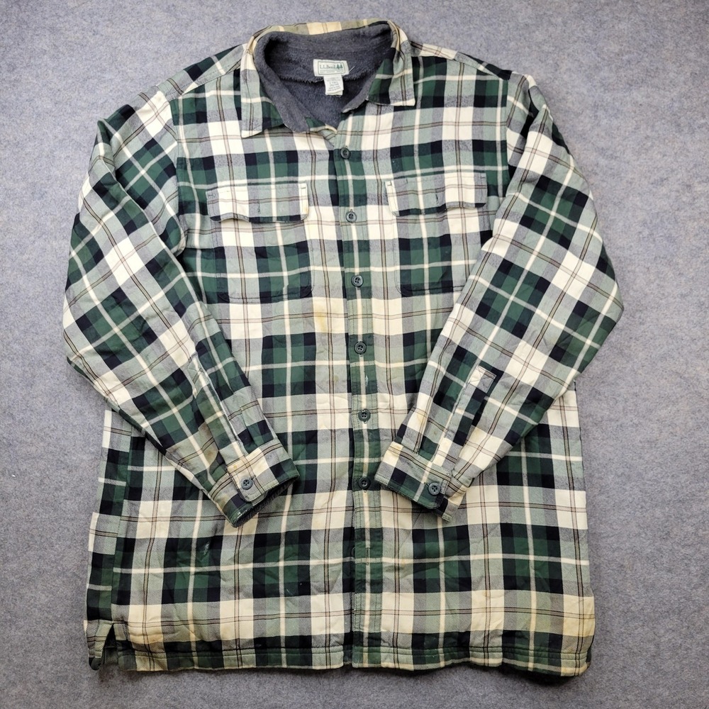 LL Bean Jacket Mens LT Green Plaid Fleece Lined Flannel Shacket Button Front